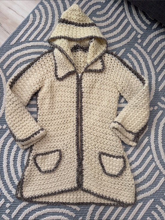 Vintage Sweaters - Vintage Handmade Crochet Hooded Longline Cardigan Sweater Cream Brown Boho